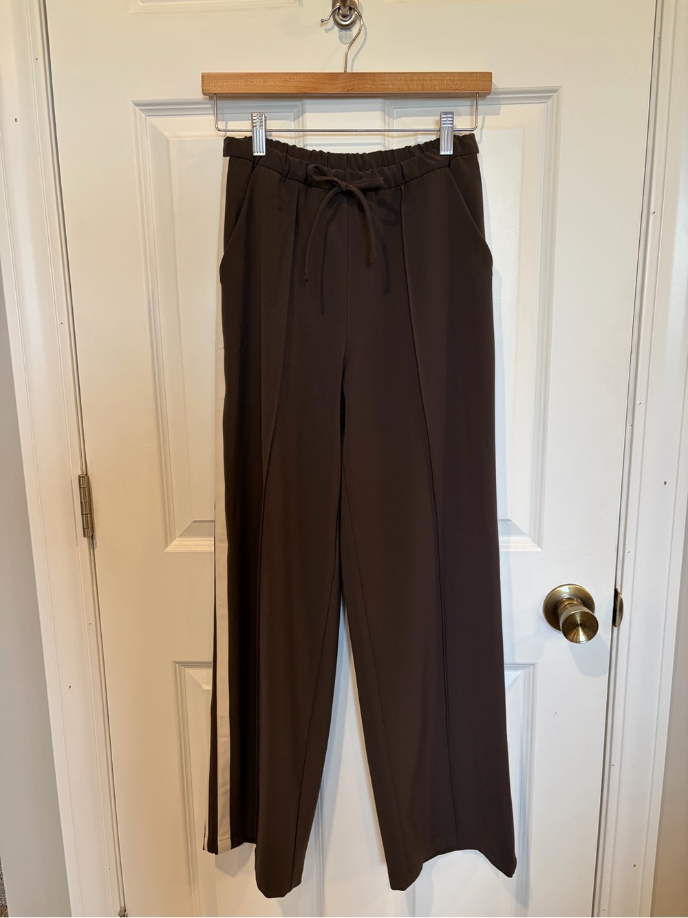 Athleta Wide-Leg Drawstring Pants in Deep Brown with Side Stripe